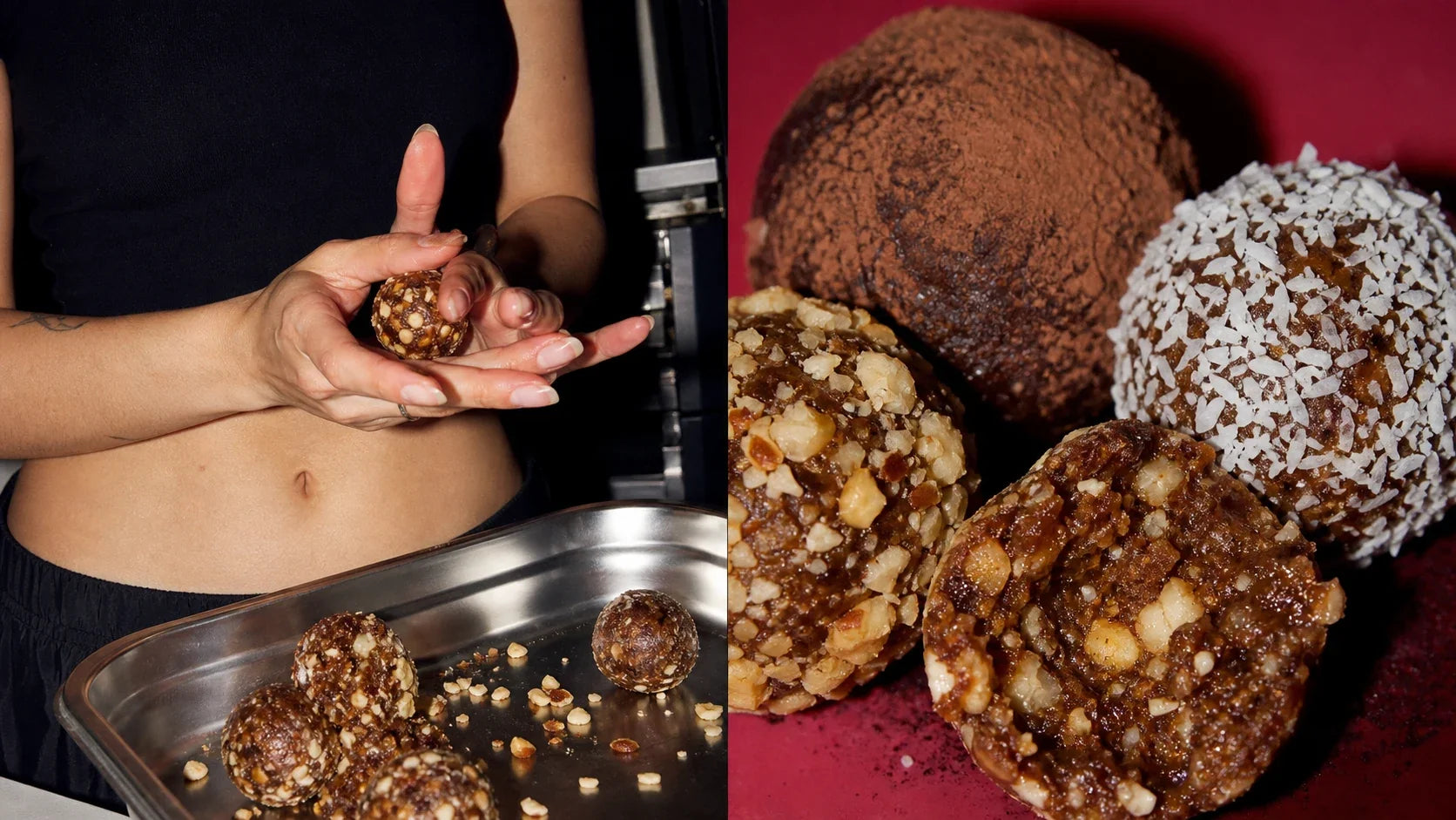 Hands rolling a hazelnut energy ball beside cacao, coconut and crunchy variations