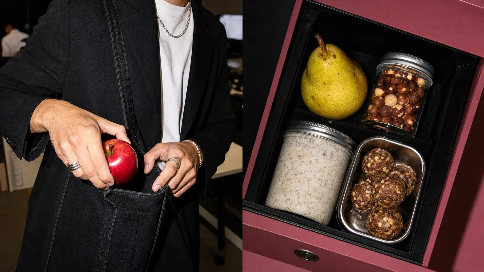 Person packing work snacks with an apple, pear, hazelnuts, overnight oats and hazelnut bites